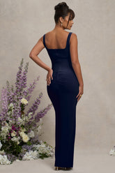 Navy Square Neck Maternity Maxi Dress with Split